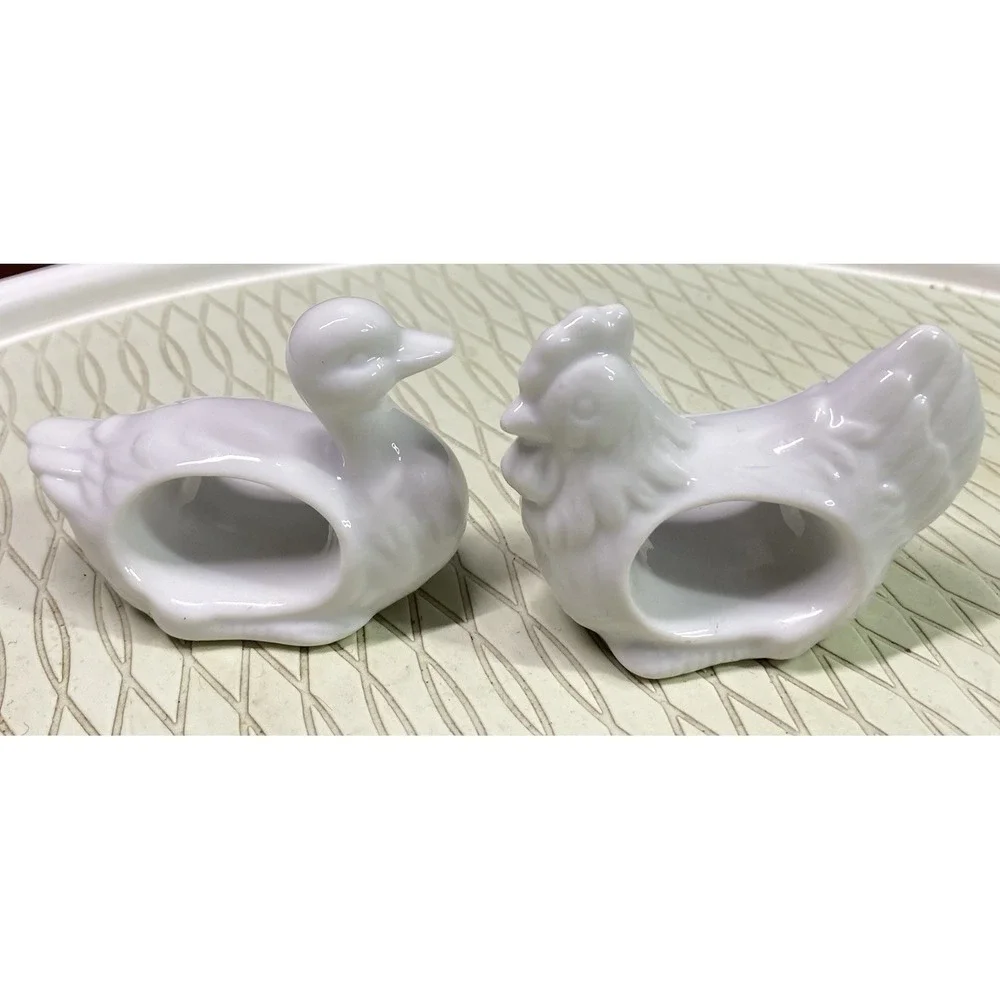 Farmhouse Vintage‎ Napkin Rings White Porcelain Animals Duck&Rooster Japan